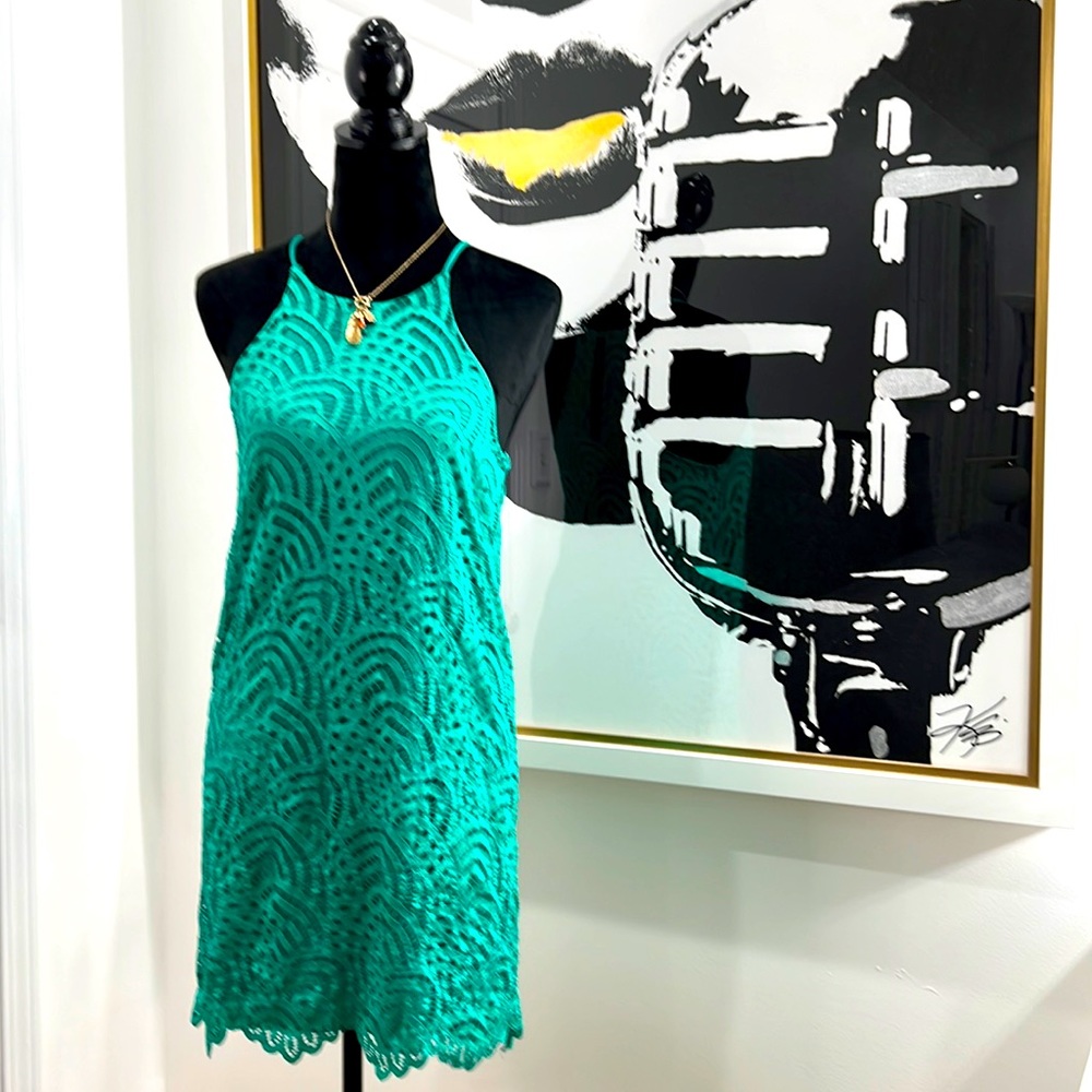 Everly Turquoise Spaghetti Strap Halter-Top Style Lace Dress, Size S